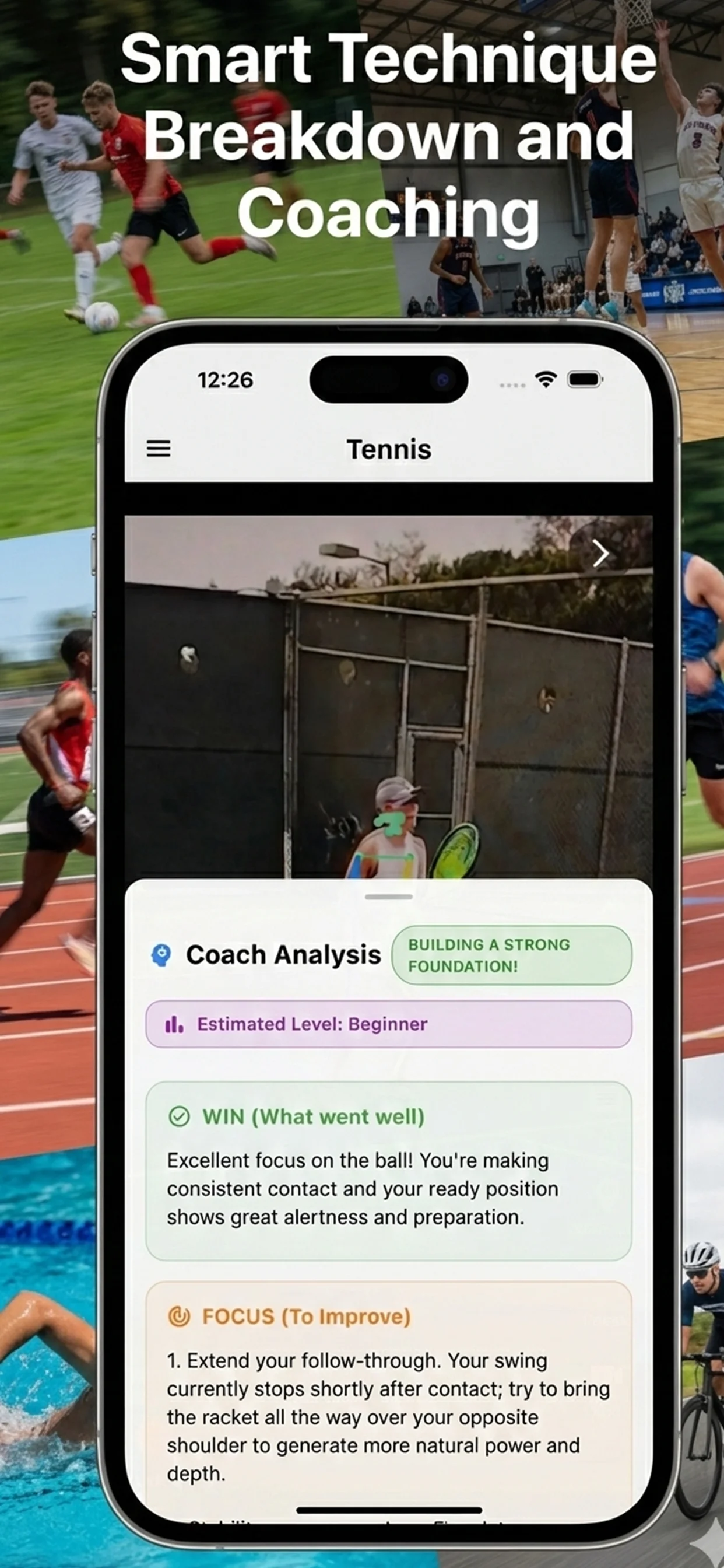 Sports performance progress tracking, metrics history, and technique improvement score